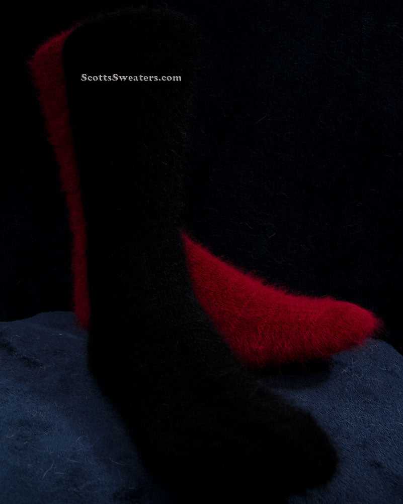 Pair of men's angora dress socks in black and red made with soft, stretchy angora and nylon fibers for year-round comfort.