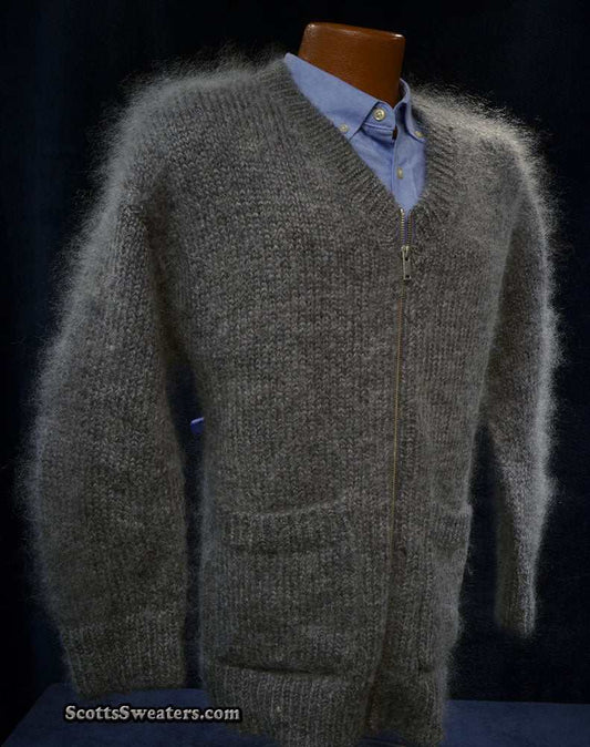 Men's luxuriously soft grey mohair zip-up cardigan sweater with deep front pockets and forearm-length sleeves