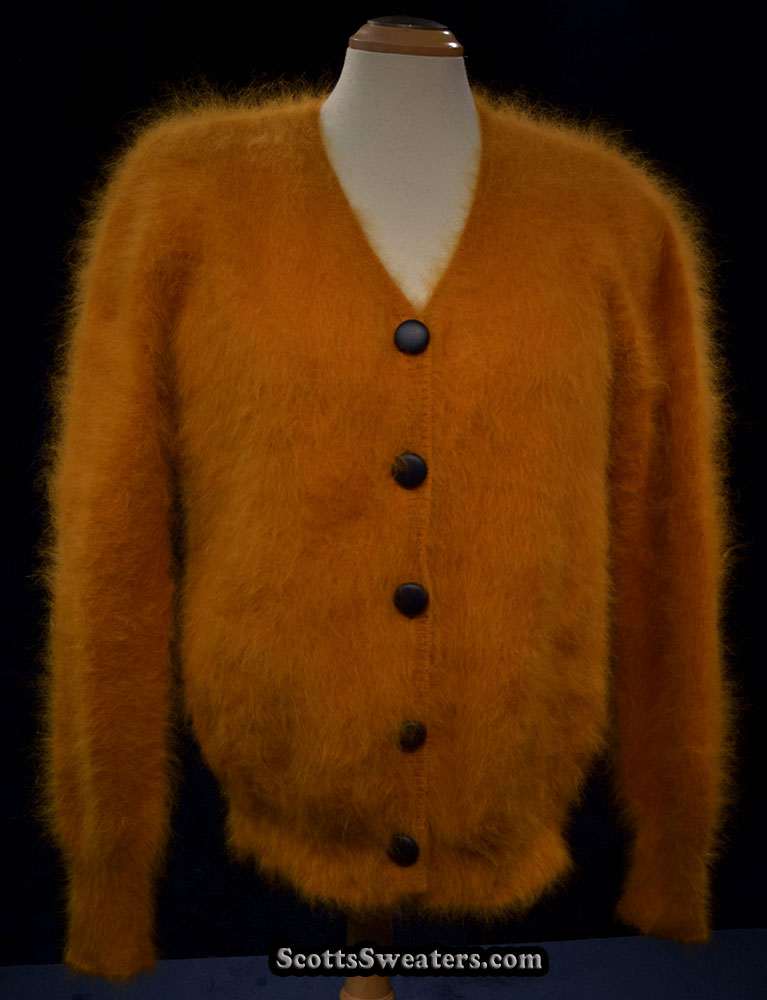 Woman's gold ultra-soft angora cardigan sweater with button-front in medium size