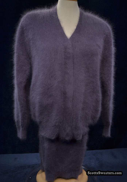 Cinereous-grey woman's 3-piece angora cardigan with matching short and long skirts, medium size.