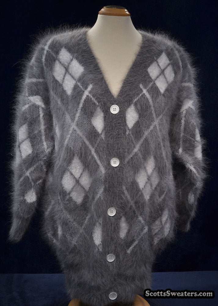 Woman's super-soft grey and white argyle angora cardigan sweater with button front