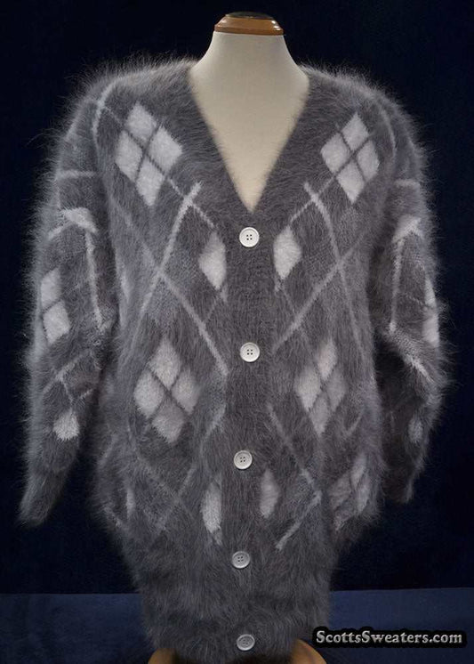 Woman's super-soft grey and white argyle angora cardigan sweater with button front