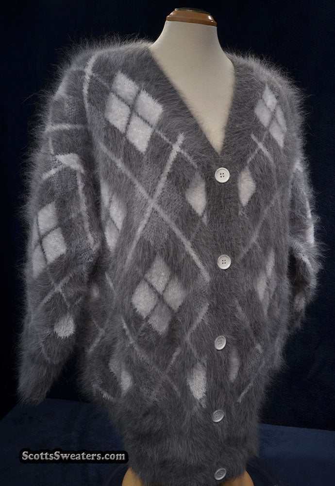 Woman's super-soft grey and white argyle angora cardigan sweater with buttons