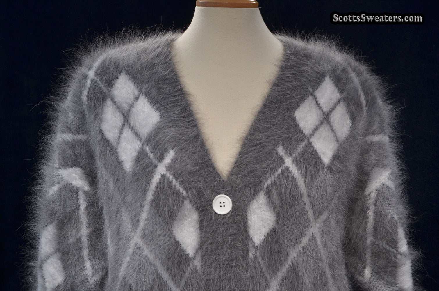 Woman's super-soft grey and white argyle angora cardigan sweater with button front in medium size