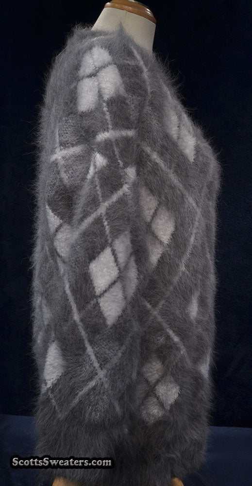 Woman's super-soft grey and white argyle angora cardigan sweater medium size