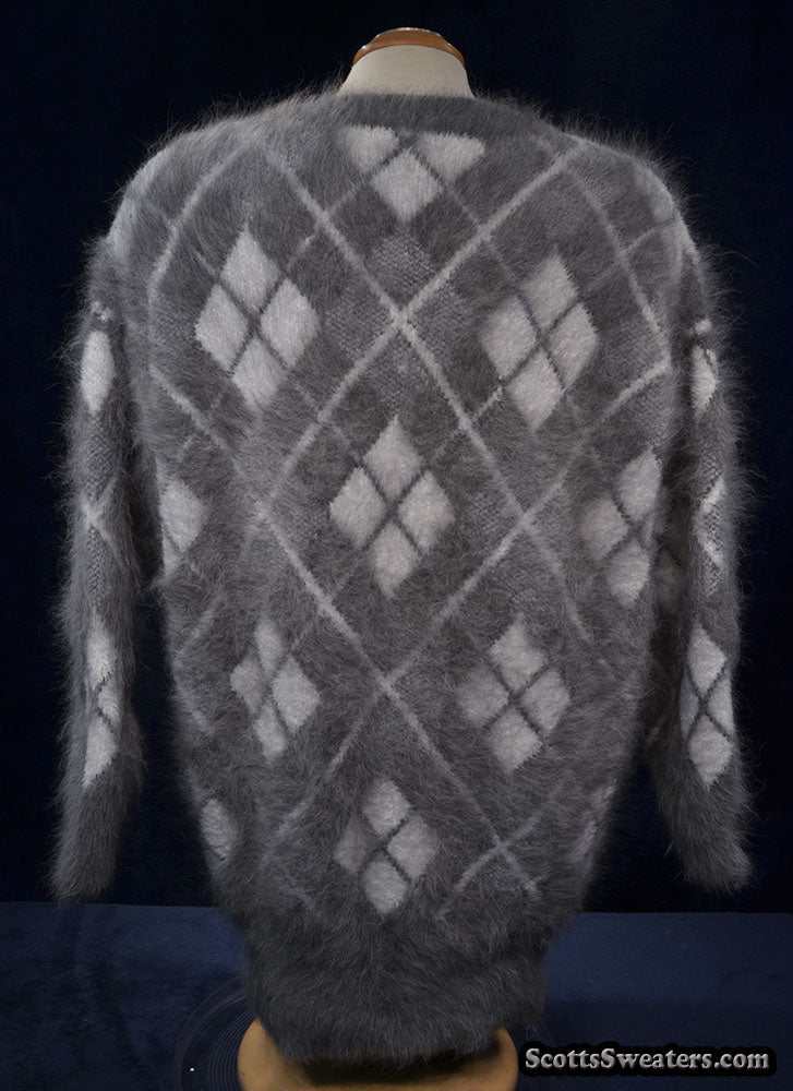 Woman's super-soft grey and white argyle angora cardigan sweater back view