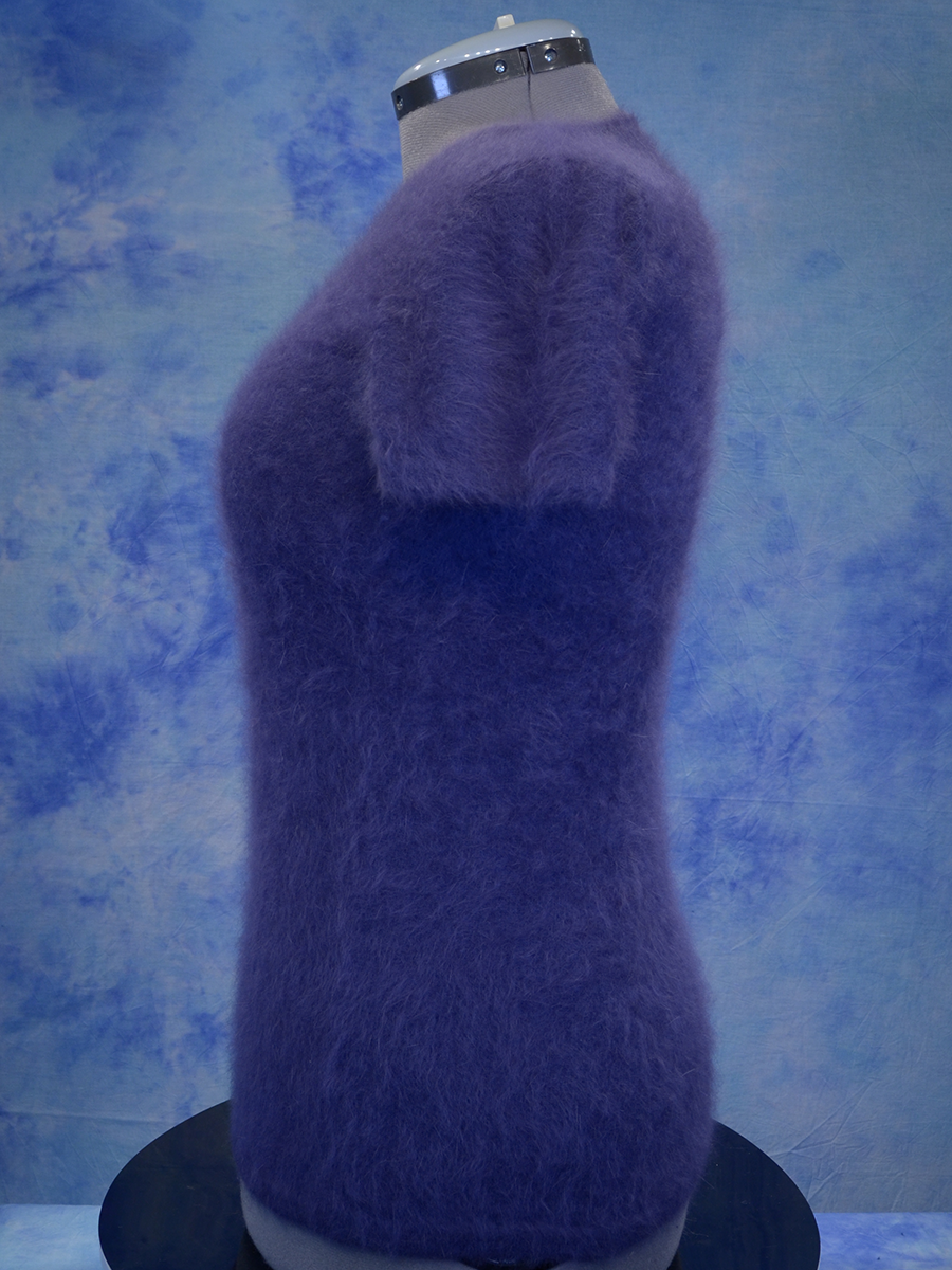 Girl's dusty purple short-sleeved angora sweater by Sister Sibling on mannequin