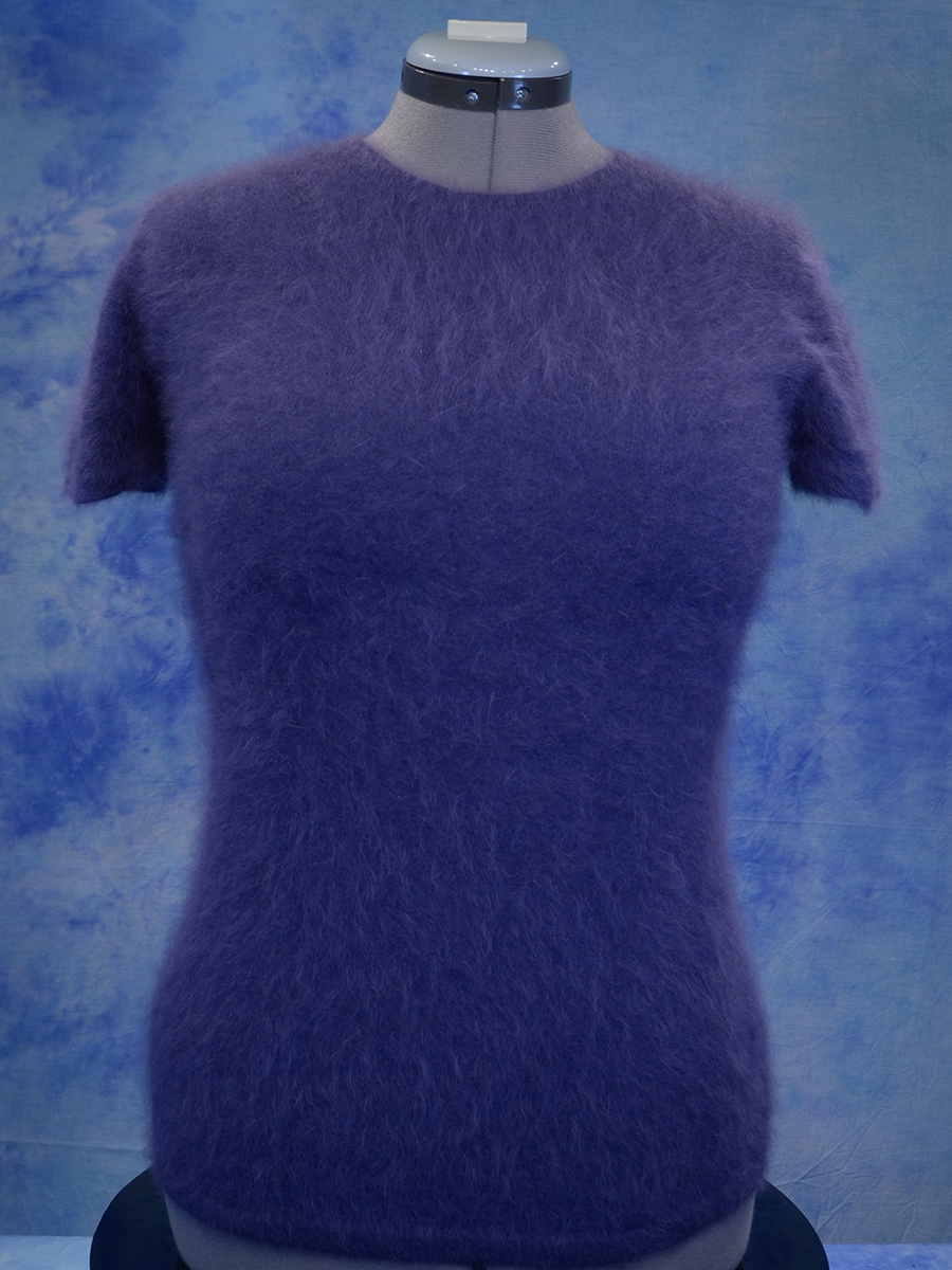Girl's dusty purple short-sleeved angora sweater by Sister Sibling on a mannequin