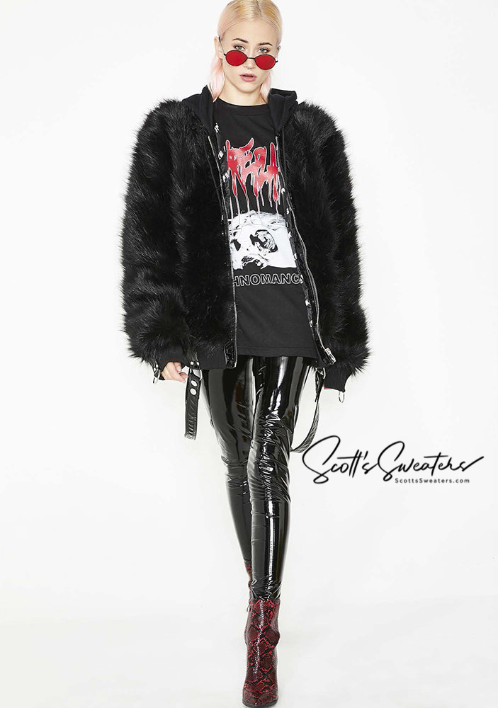 Punk style thick and fluffy black faux-fur jacket with zipper front and hanging straps on cuffs