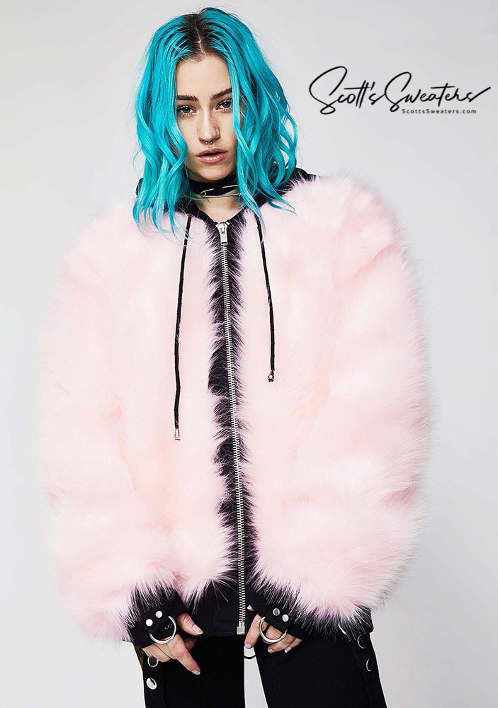 Punk style thick and fluffy pink faux-fur jacket with zipper front, hanging straps, and metal D-rings on cuffs.