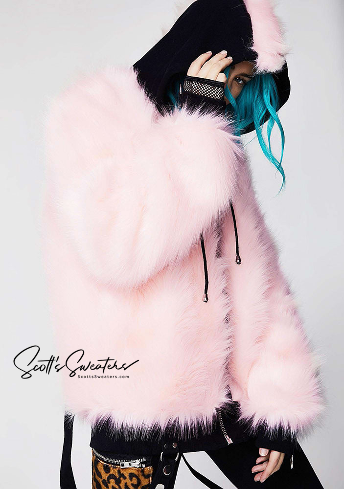 Punk style thick and fluffy pink faux-fur jacket with black hood and hanging straps on cuffs