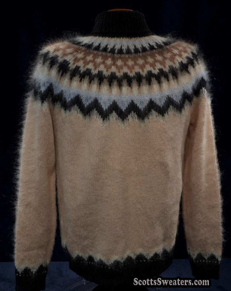 Cream men's turtleneck mohair sweater with black, tan, and white Fair Isle Icelandic yoke design, size large 46