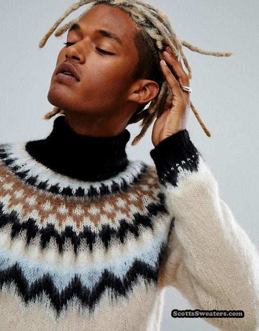 Cream men's turtleneck mohair sweater with black tan white Icelandic Fair Isle yoke design size large 46