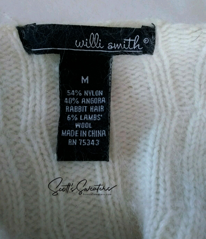 White Angora cowlneck sweaterdress label showing Willi Smith brand and fabric composition.