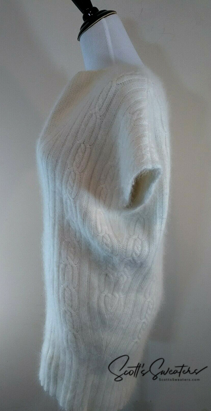 White cable-knit angora cowlneck sweaterdress with draped top-sleeves by Willi Smith, medium size