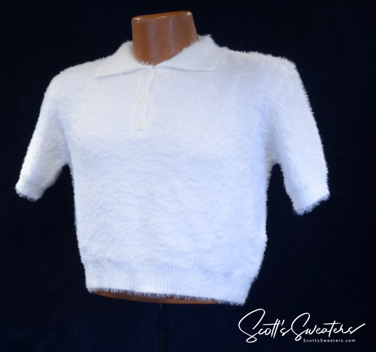 Woman's fuzzy white plush eyelash short-sleeve cropped polo-neck sweater