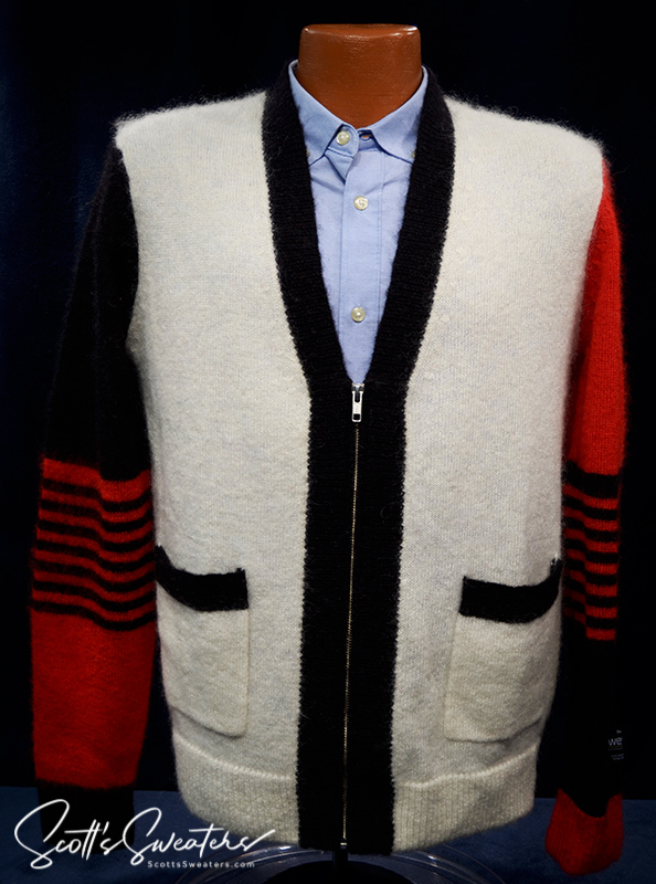 WeSC skateboarder street wear unisex mohair cardigan sweater with zipper in black, white, and red colors