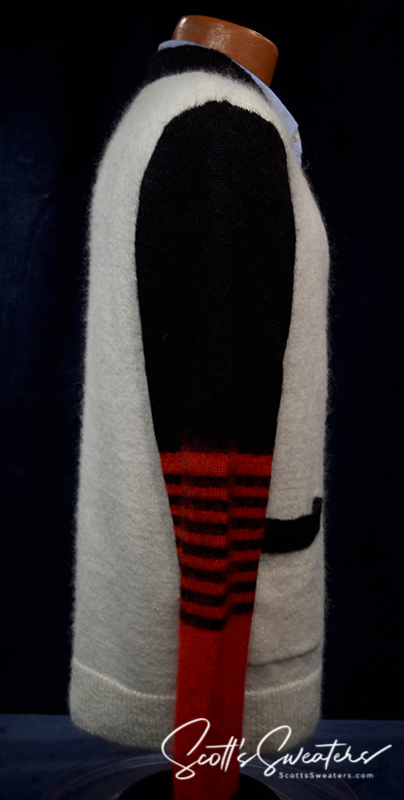 Unisex skateboarder street wear mohair cardigan sweater by WeSC, medium size, black white and red color-block design with zipper front
