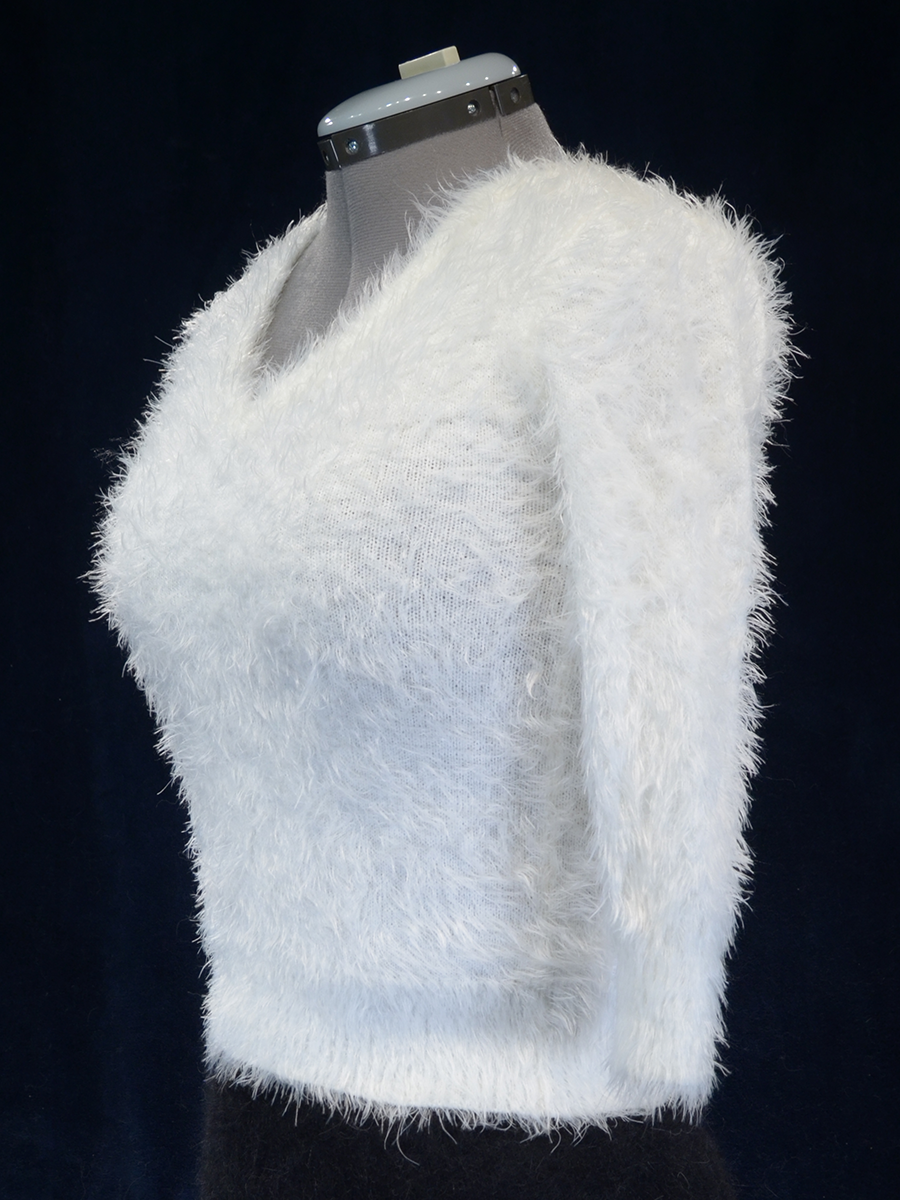 Woman's fuzzy white plush eyelash deep V-neck crop-top sweater with 3/4 sleeves