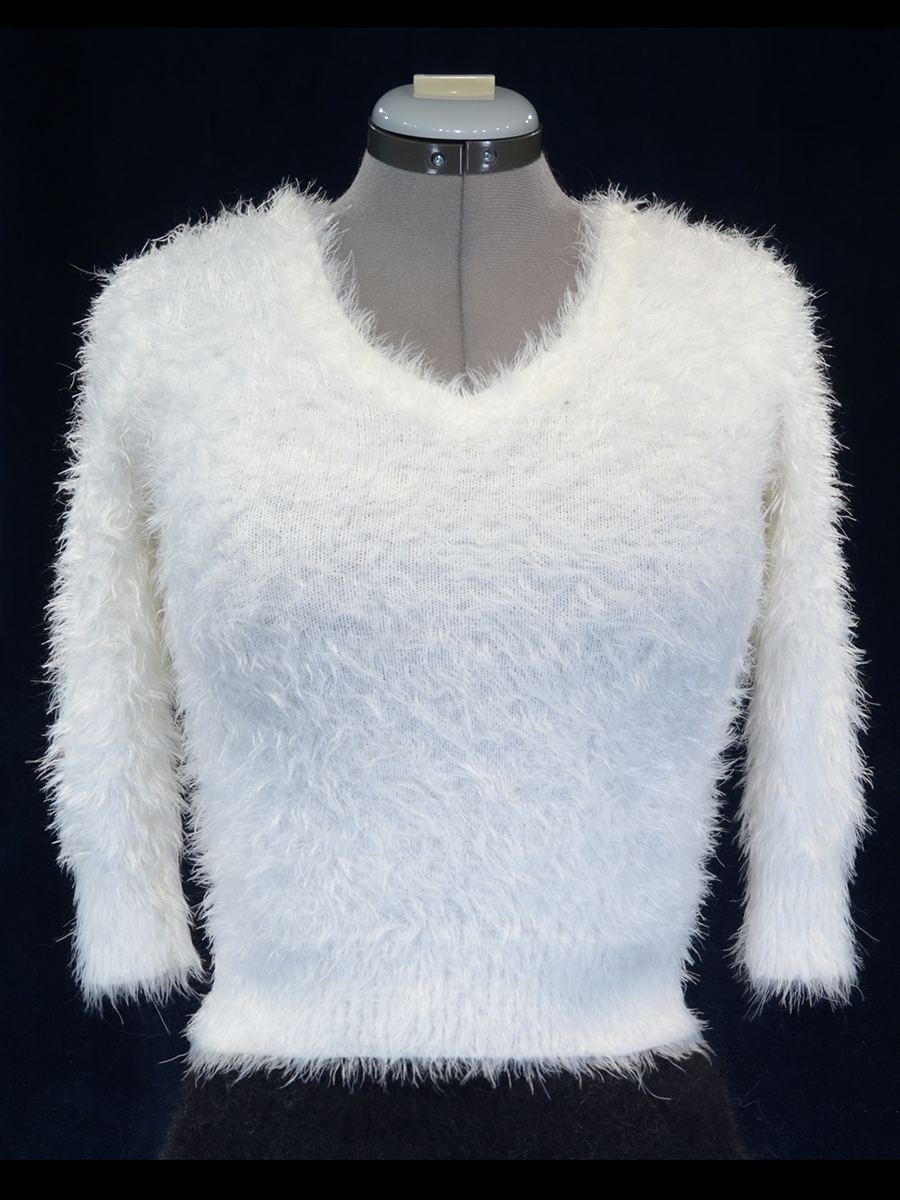 Woman's fuzzy white plush eyelash crop-top V-neck sweater with 3/4 sleeves on mannequin