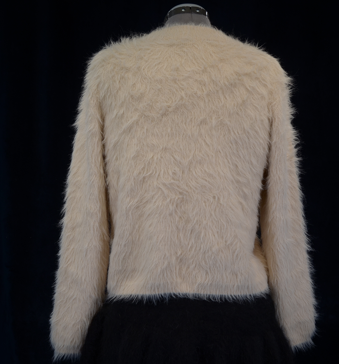 Woman's fuzzy beige plush eyelash crewneck sweater by Lou & Grey, back view
