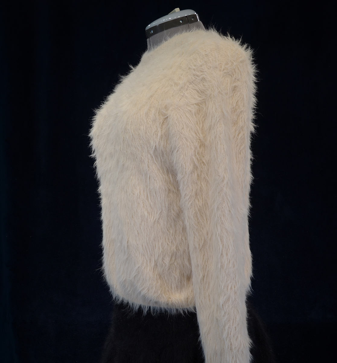 Woman's fuzzy beige plush eyelash crewneck sweater by Lou & Grey on mannequin side view