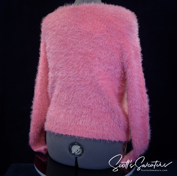 Woman's fuzzy hot-pink plush V-neck sweater back view medium size by Freshman 1996