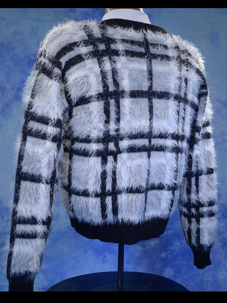 Woman's grey plaid fuzzy eyelash cardigan sweater by 1. STATE in small size, back view