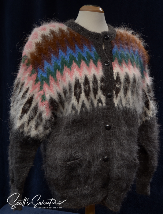 Woman's colorful ultra-soft grey alpaca cardigan sweater with multi-color ethnic stripes and wooden buttons