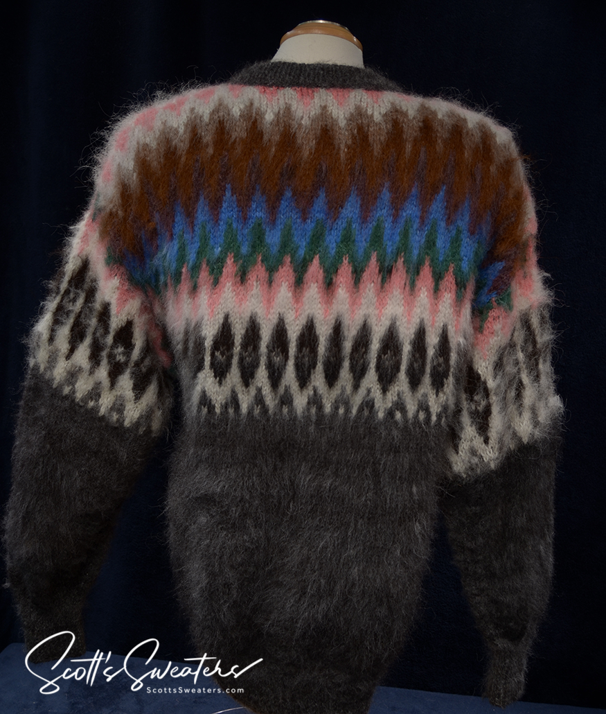 Woman's colorful ultra-soft grey alpaca cardigan sweater with multi-color ethnic striped design and wooden buttons, small size