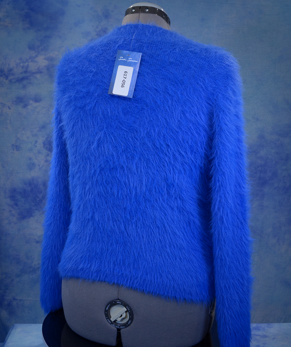 Woman's fuzzy royal-blue plush eyelash crewneck sweater by Lou & Grey on mannequin back view