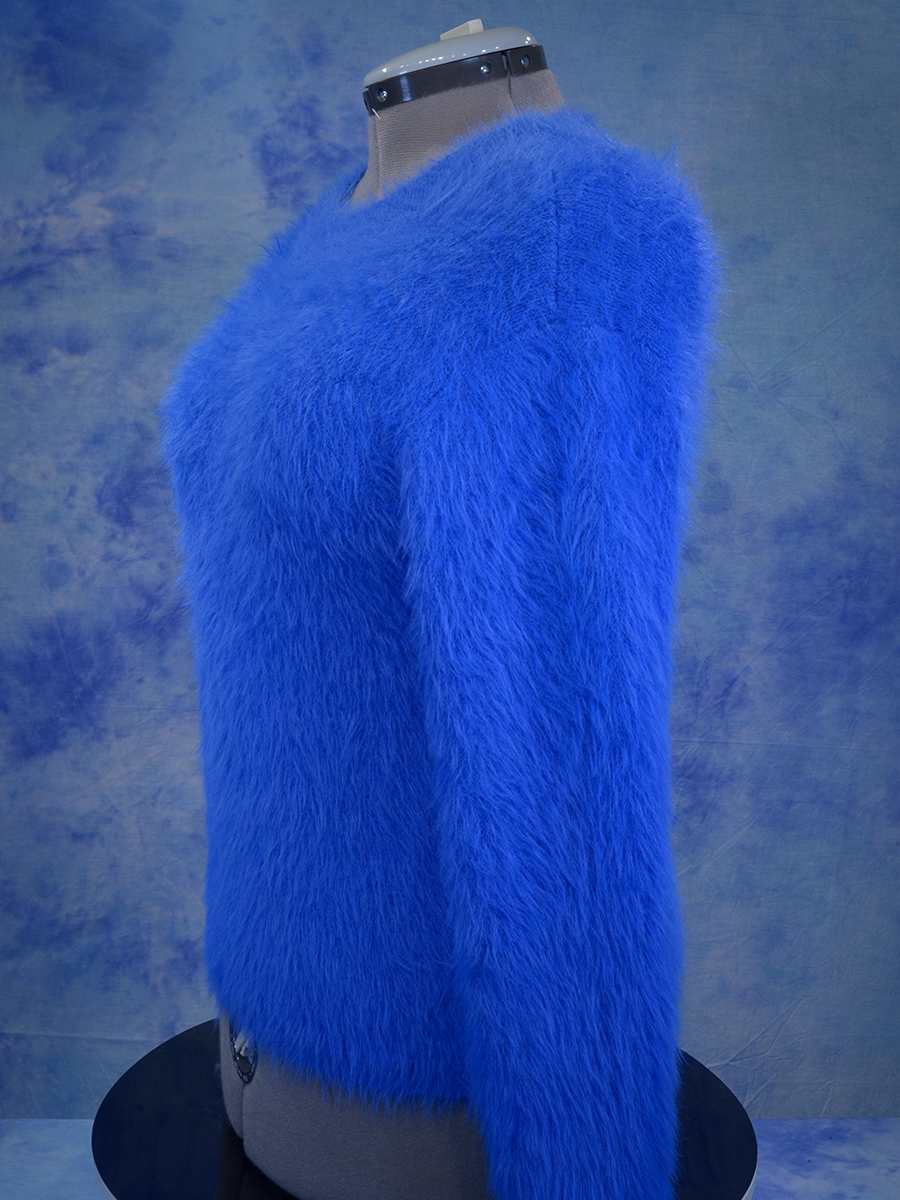 Woman's fuzzy royal-blue plush eyelash crewneck sweater by Lou & Grey on mannequin