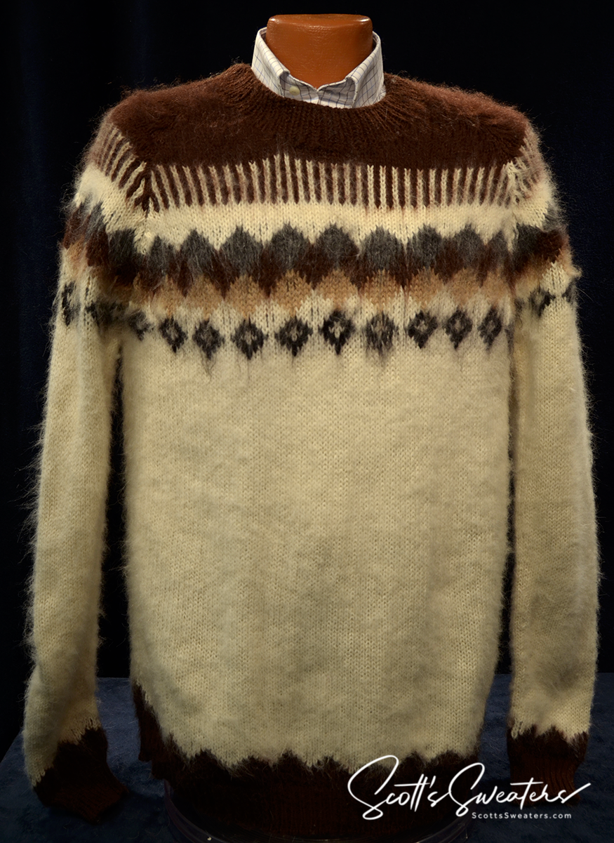 Men's soft alpaca crewneck sweater in white with dark brown and tan yoke, large size