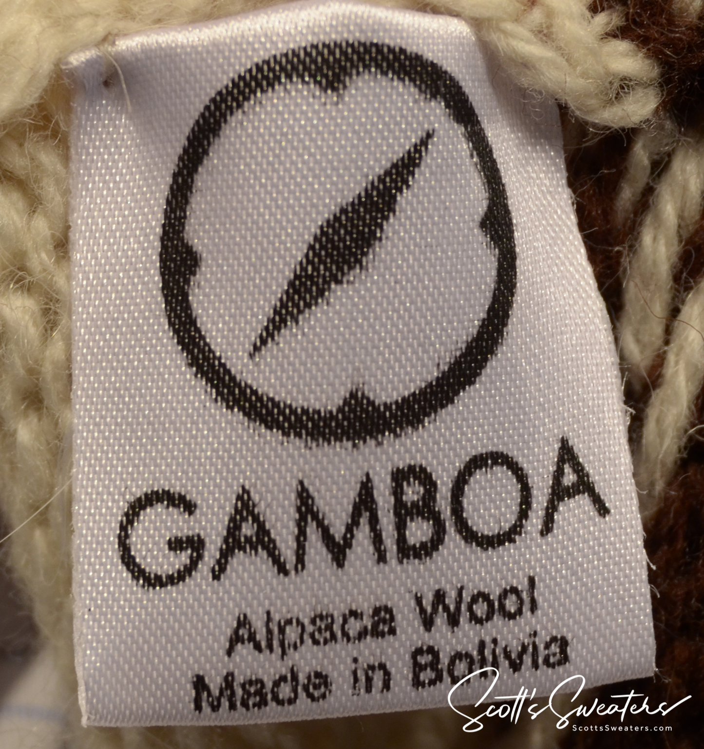 Gamboa brand label on men's soft alpaca wool sweater made in Bolivia