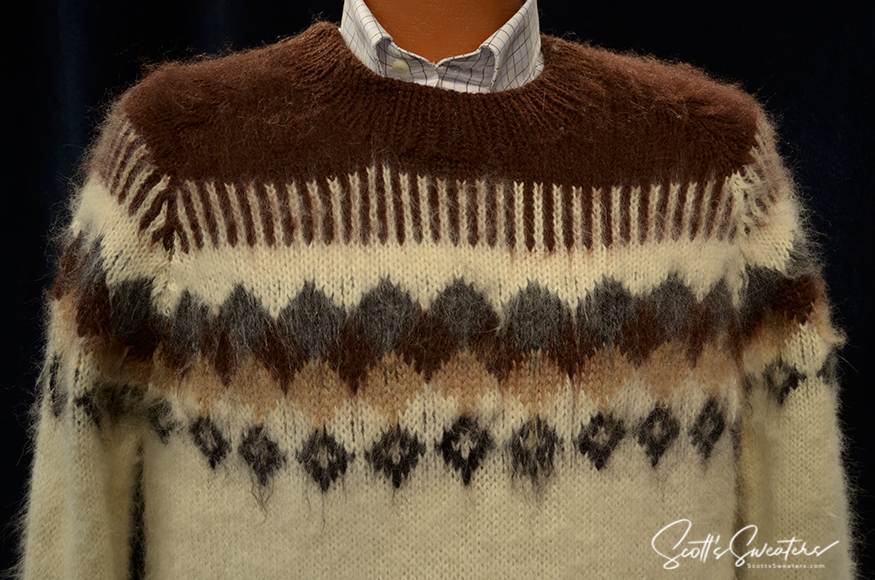 White men's soft alpaca crewneck sweater with brown and tan patterned yoke, large size