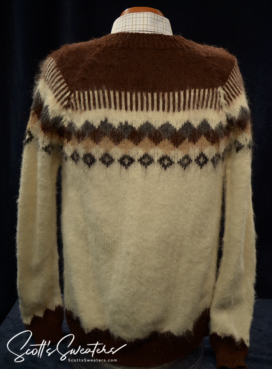 Men's soft alpaca crewneck sweater in white with dark brown and tan yoke, large size