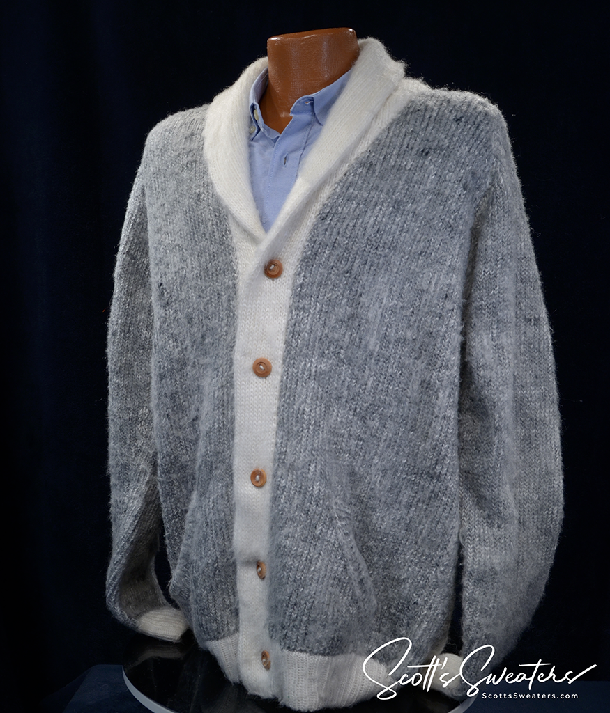 Men's soft grey shawl-neck cardigan sweater with white trim and button front