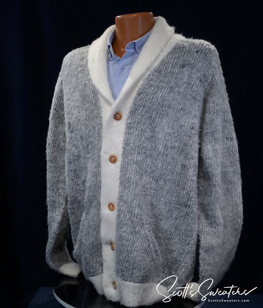 Men's soft grey shawl-neck cardigan sweater with white trim and button front