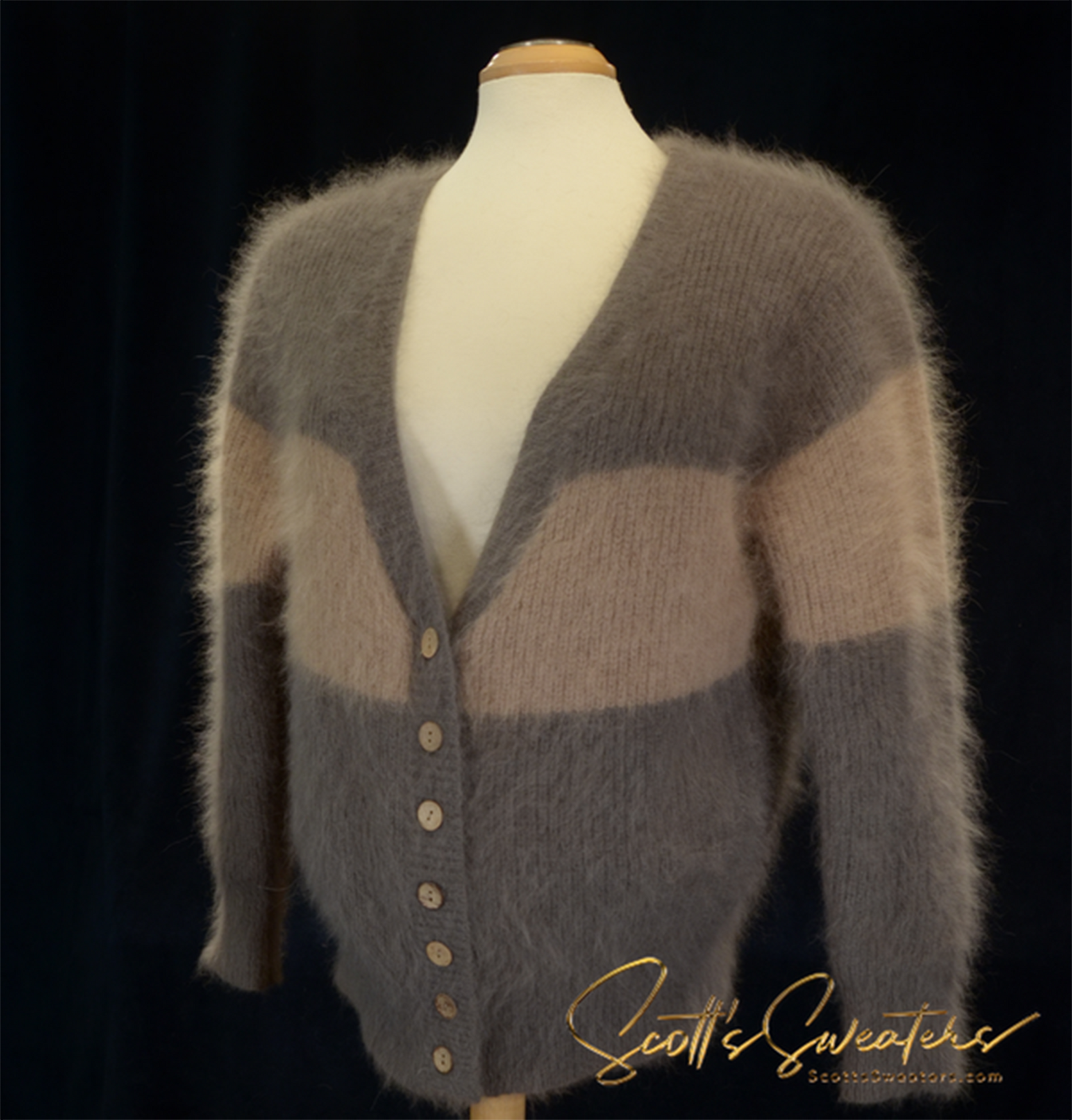 Woman's olive-green and tan angora button-front cardigan sweater by Vishel, size small