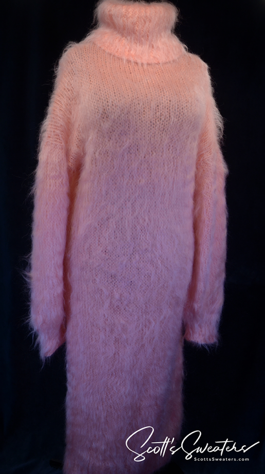 Woman's pink full-length mohair sweaterdress with high neck and long sleeves by Scott's Sweaters