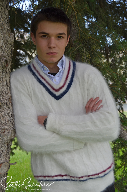 Men's ultra-soft white angora cableknit tennis sweater with red and blue trim, classic style.