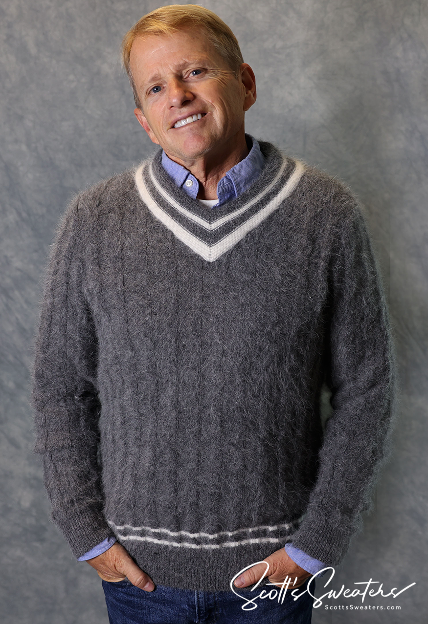 Men's grey angora cableknit tennis sweater with white stripes on collar and hem