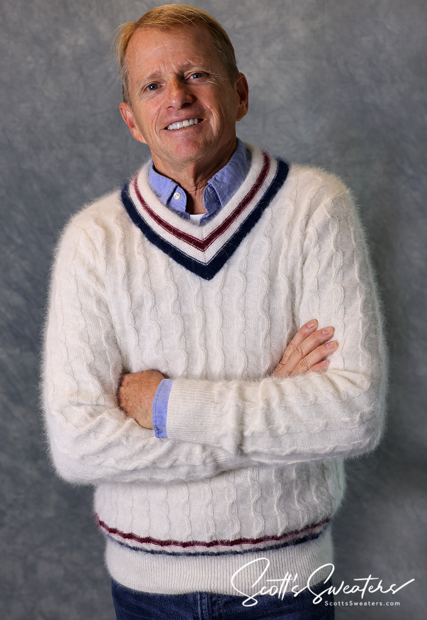 Men's ultra-soft angora cable knit tennis sweater white with blue and red trim