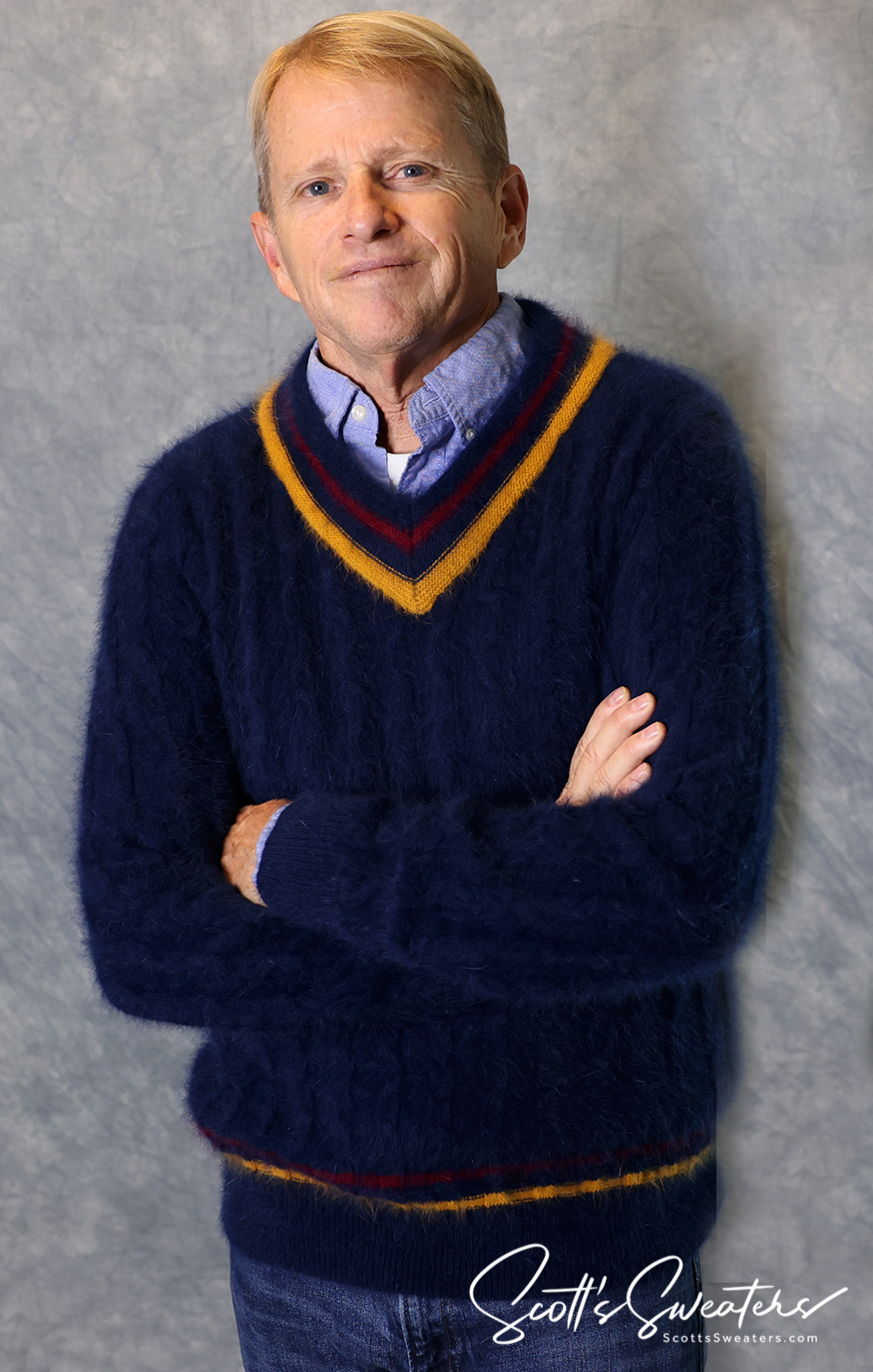 Men's ultra-soft angora cableknit tennis sweater in navy with red and gold stripes