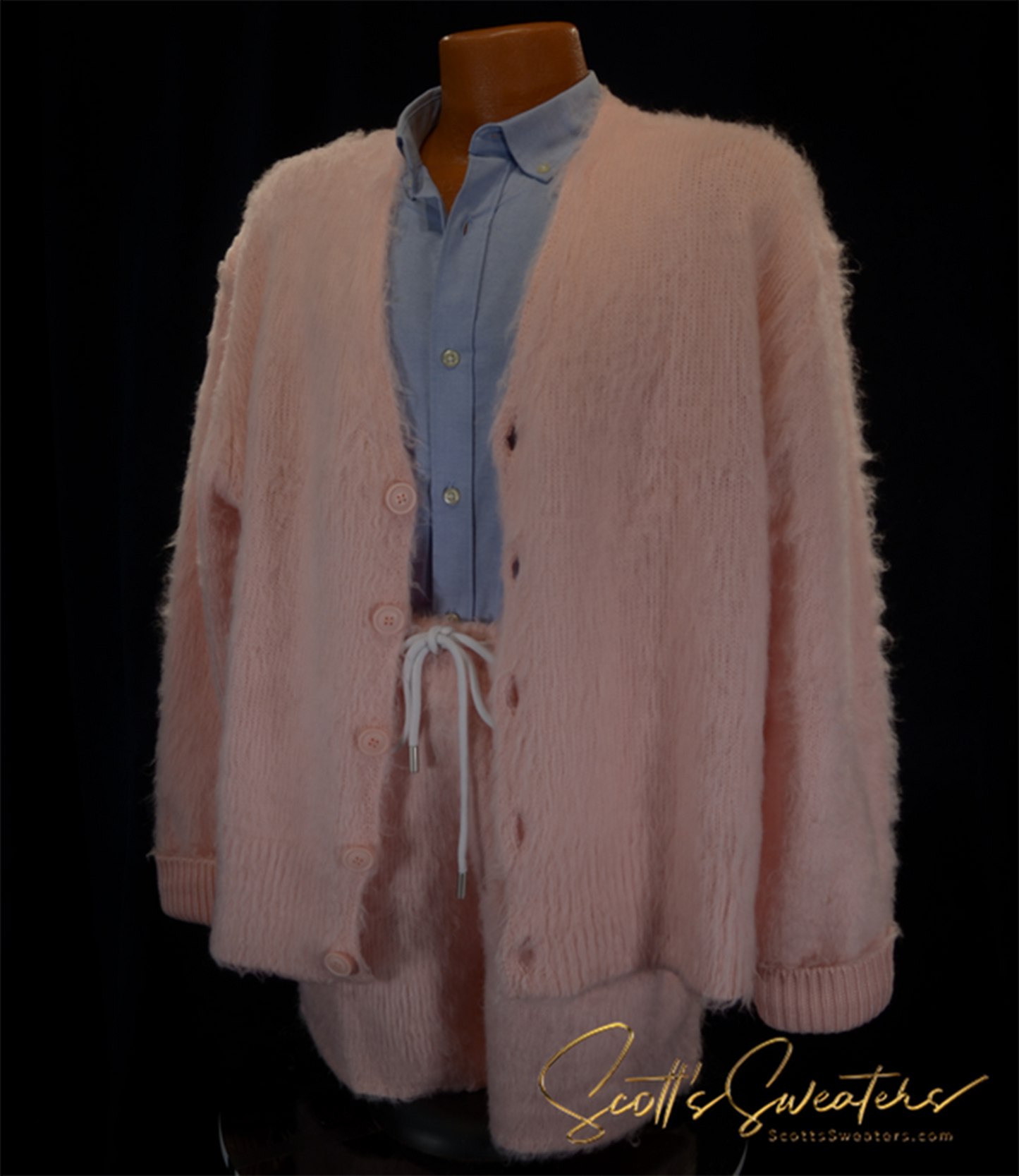 Men's ultra-soft fuzzy pink cardigan and matching shorts sweater outfit with button closure and drawstring waistband