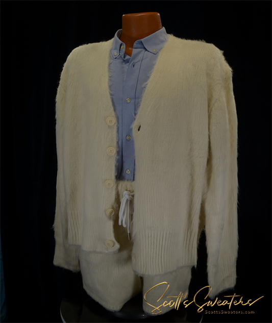 Men's fuzzy cardigan and matching shorts set in ivory with button closure and expanding waistband