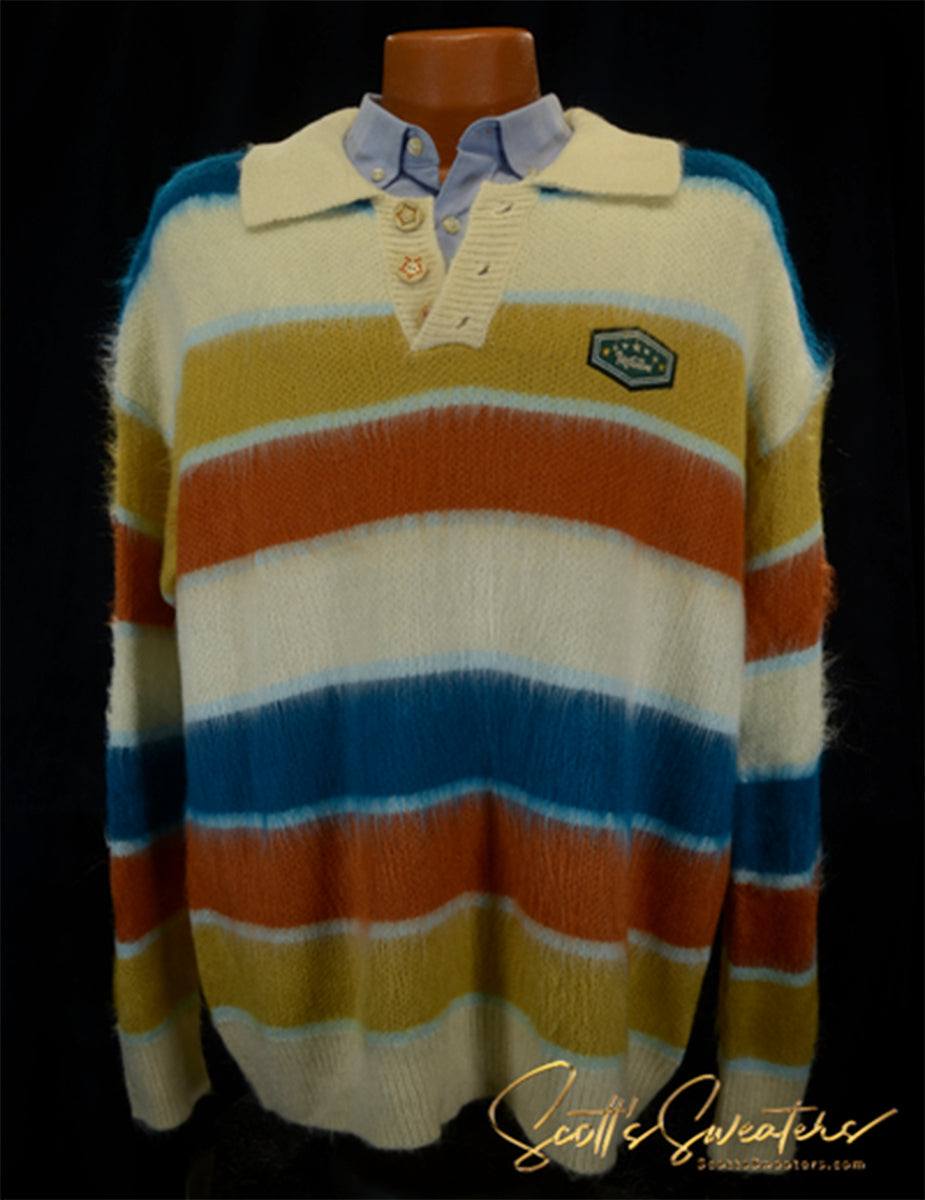 Men's striped fuzzy poloneck mohair sweater with multicolor horizontal stripes and three-button collar