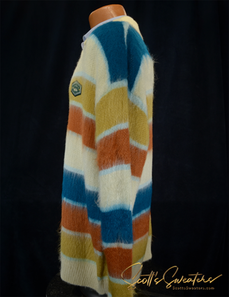 Men's multi-colored striped fuzzy poloneck mohair sweater side view