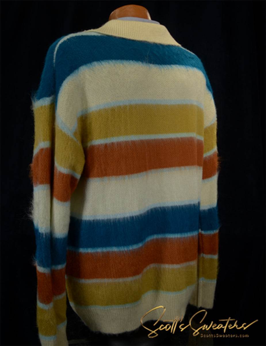 Men's striped fuzzy poloneck mohair sweater with colorful horizontal stripes on mannequin back view