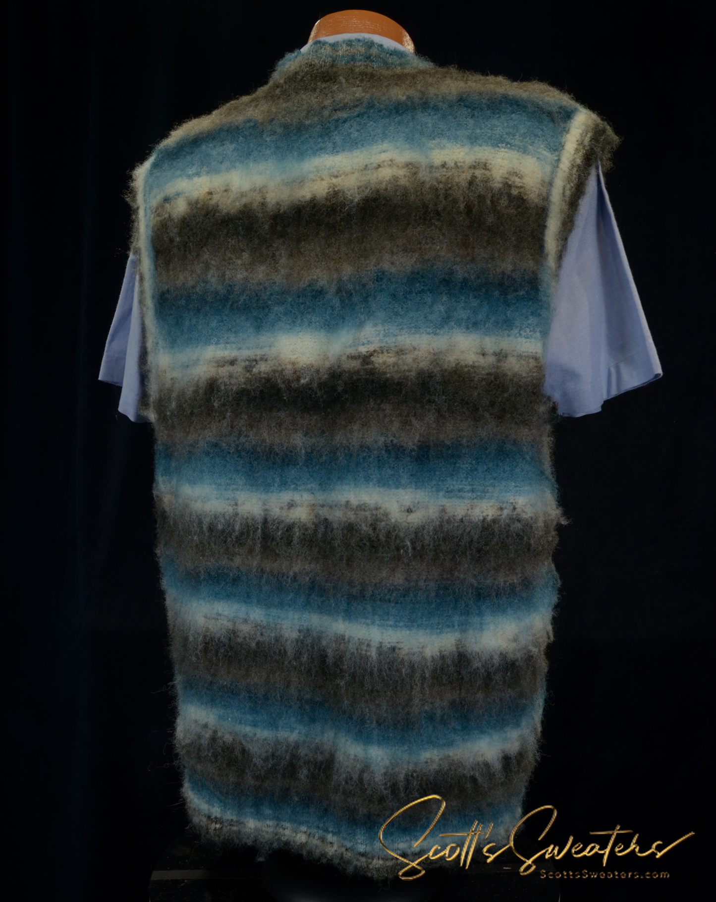 Men's variegated colored mohair sleeveless vest with grey, green, and white stripes on mannequin back view